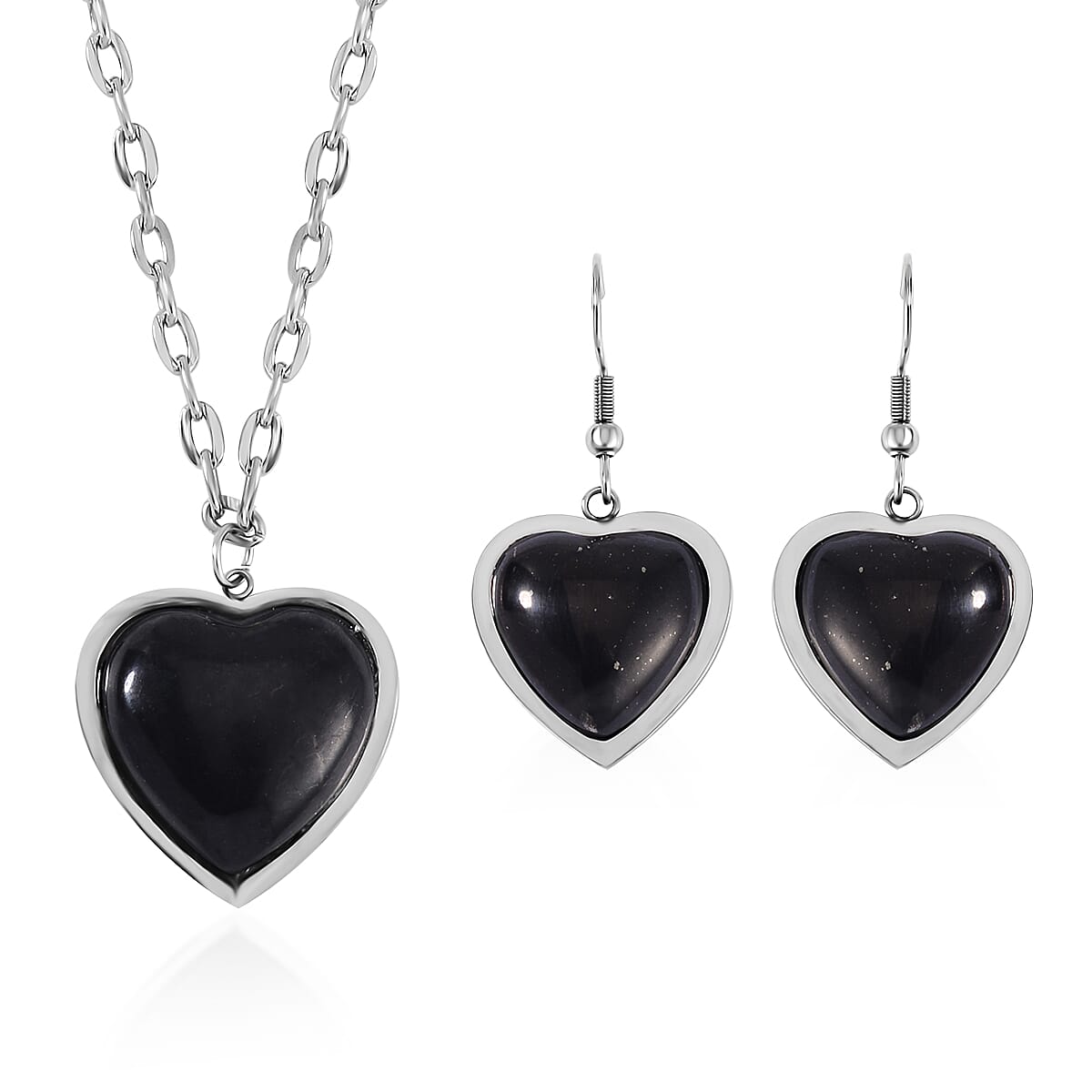 Shungite Heart Pendant Necklace 20 Inches and Earrings in Stainless Steel 46.50 ctw