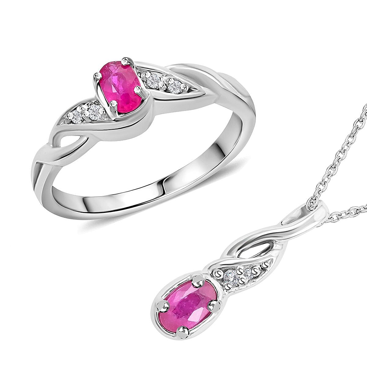 Premium Montepuez Ruby and White Zircon Ring (Size 5) and Pendant Necklace 18 Inches in Platinum Over Sterling Silver 0.65 ctw (1)