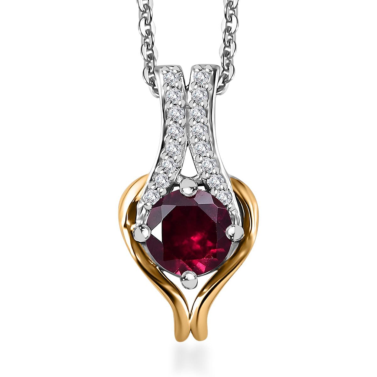 Orissa Rhodolite Garnet and Moissanite Vermeil YG and Pendant Necklace 20 Inches in Platinum Over Sterling Silver 0.85 ctw