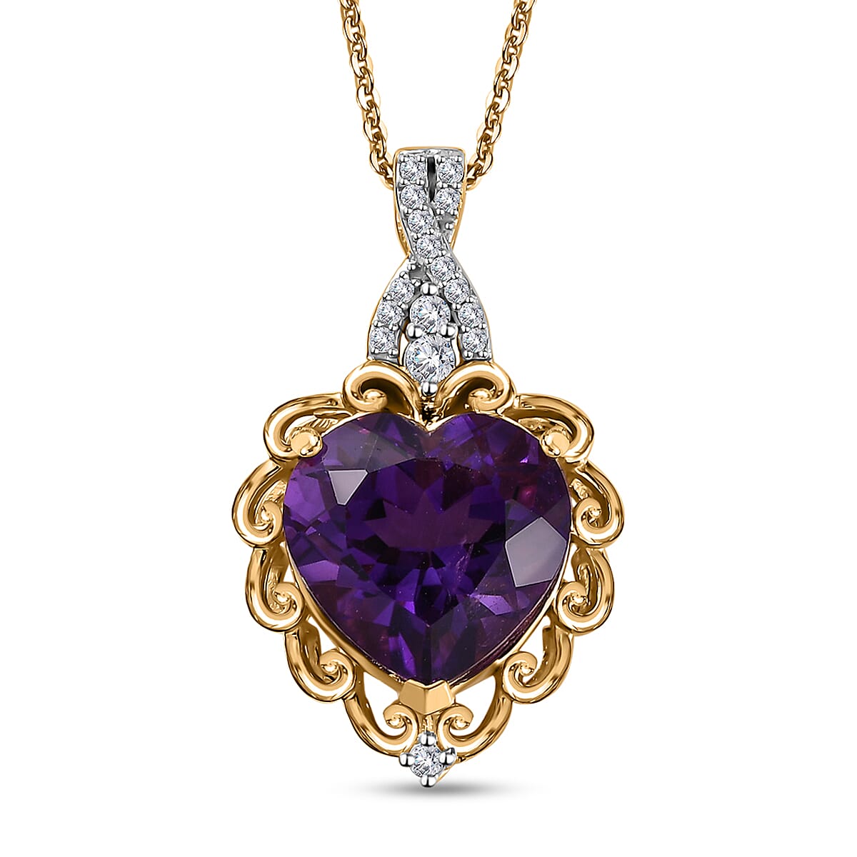 African Amethyst and Moissanite Heart Pendant Necklace 20 Inches in Vermeil Yellow Gold Over Sterling Silver 5.70 ctw