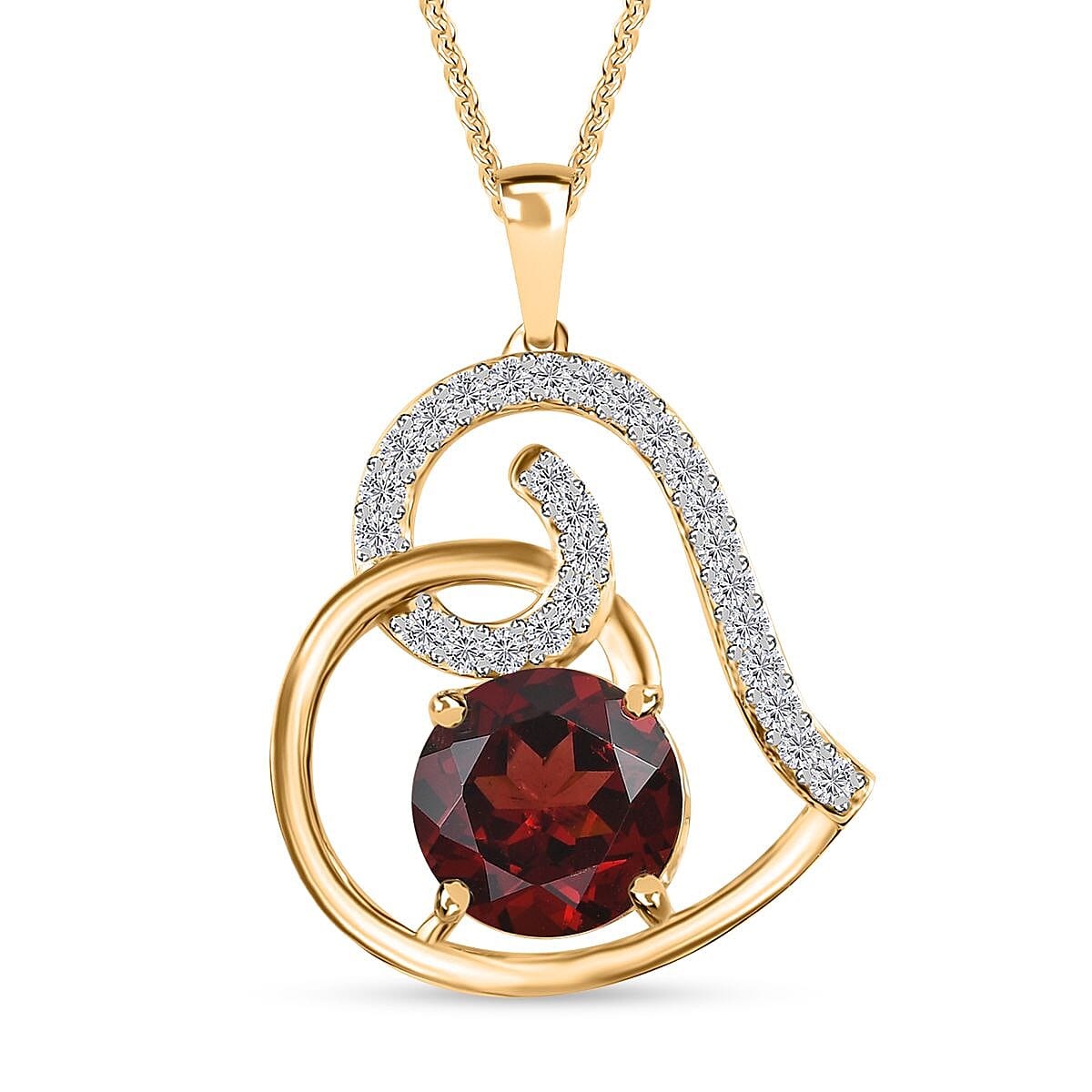 Mozambique Garnet and Moissantie Heart Pendant Necklace 20 Inches in Vermeil Yellow Gold Over Sterling Silver 3.40 ctw