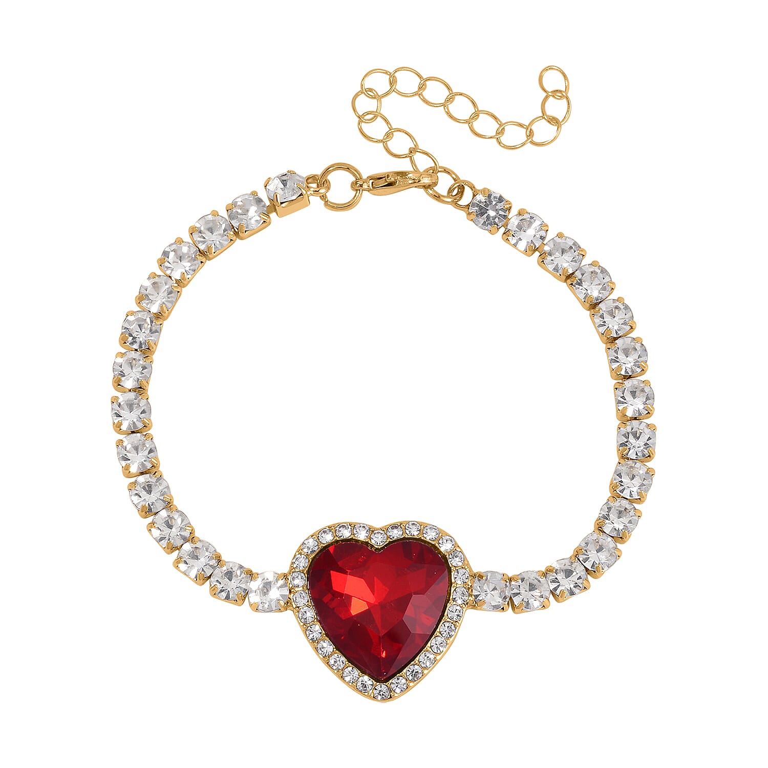 TLV Red Glass, Austrian Crystal Heart Bracelet (7.50-9.50In) and Earrings in Goldtone