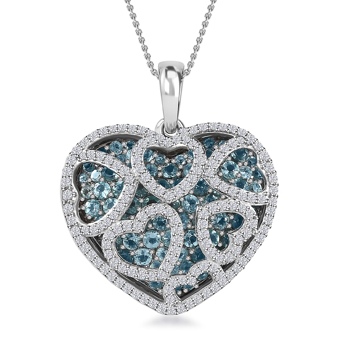 Betroka Blue Apatite and Moissanite Heart Pendant Necklace 20 Inches in Platinum Over Sterling Silver 4.90 ctw