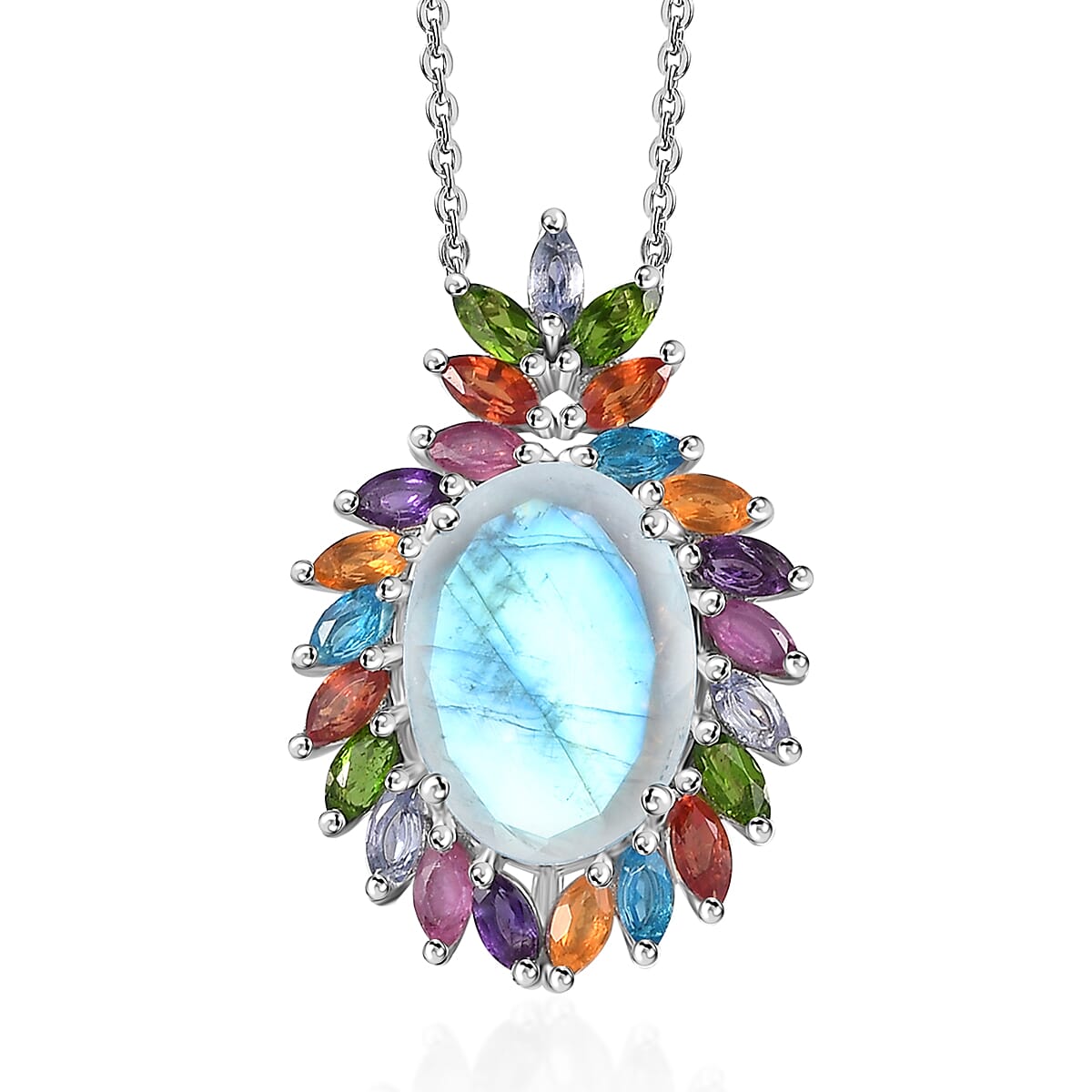Premium Rainbow Moonstone and Multi Gemston Cocktail Pendant Necklace 20 Inches in Platinum Over Sterling Silver 8.00 ctw