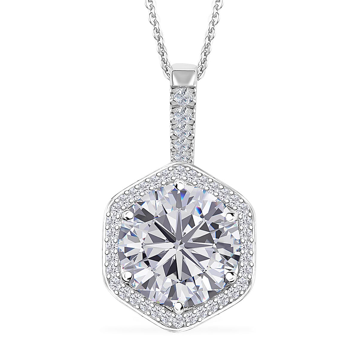 Moissanite (Rnd 12mm) Halo Pendant Necklace (20 Inches) in Platinum Over Sterling Silver 7.75 ctw