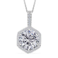Moissanite (Rnd 12mm) Halo Pendant Necklace (20 Inches) in Platinum Over Sterling Silver 7.75 ctw - Sticky add to cart bar