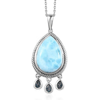 Premium Larimar, London Blue Topaz Pendant Necklace (20 Inches) in Rhodium Over Sterling Silver 12.50 ctw