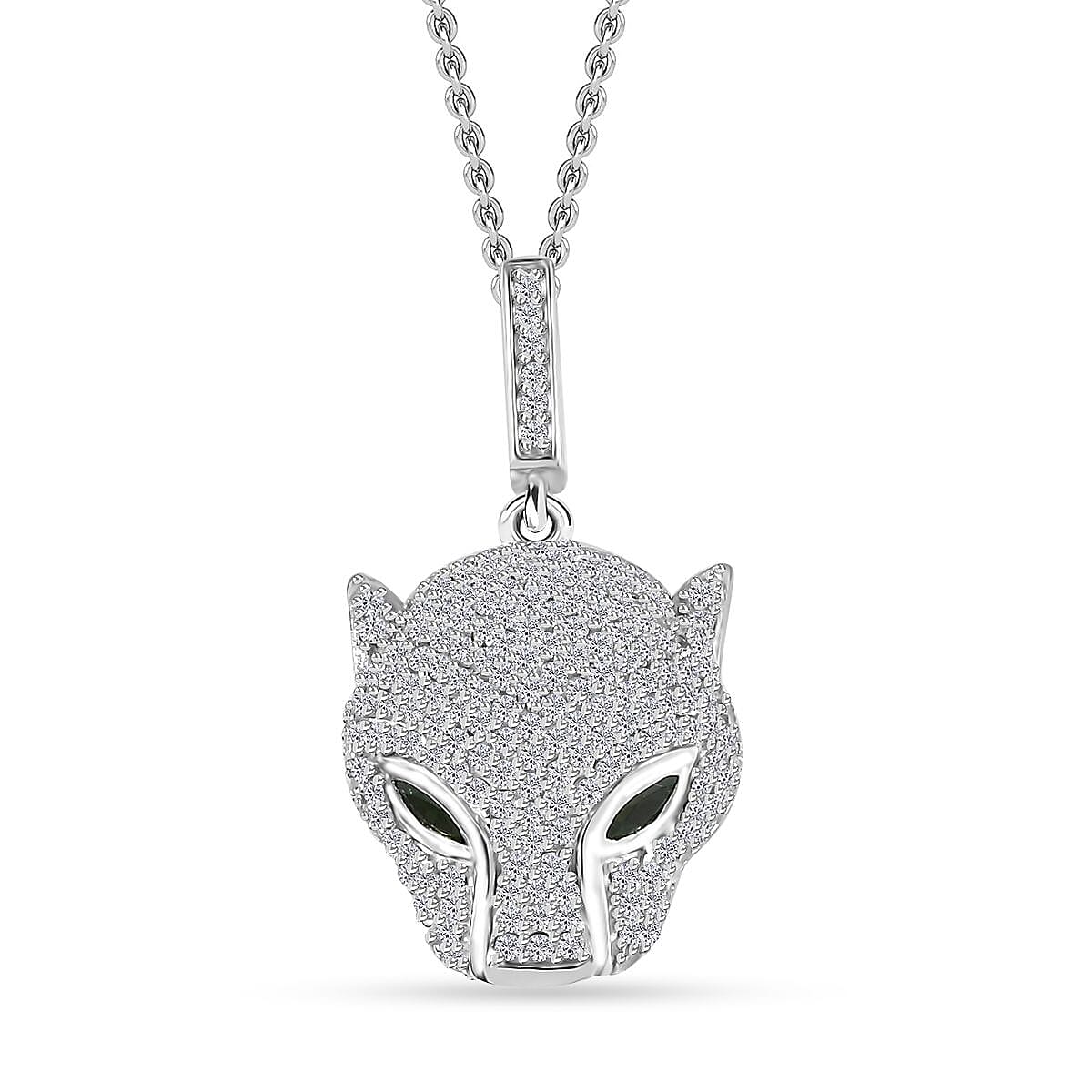 GP Trionfo Collection Chrome Diopside and Diamond Panther Head Pendant Necklace 20 Inches in Platinum Over Sterling Silver 1.10 ctw