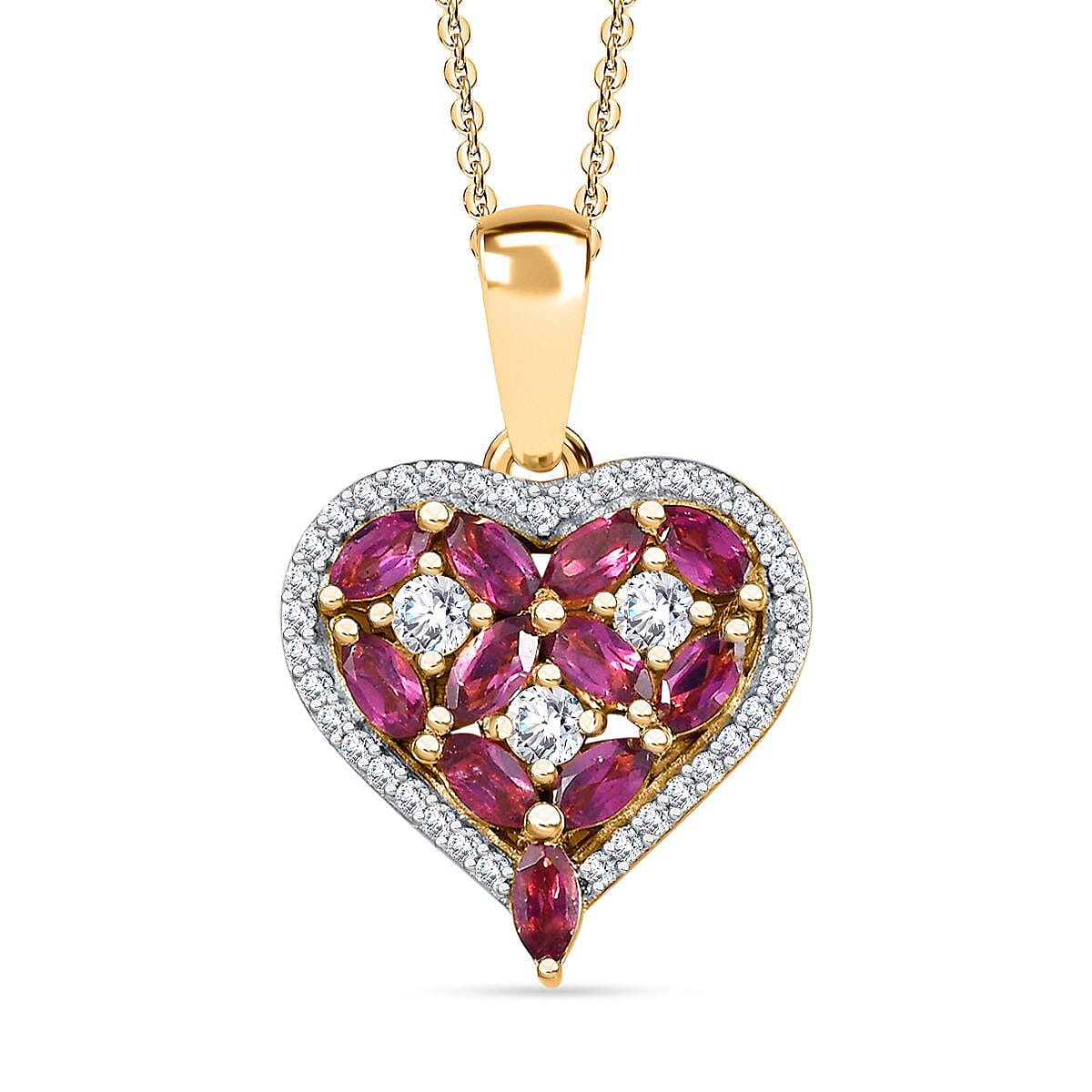 Orissa Rhodolite Garnet and Moissanite Heart Pendant Necklace 20 Inches in Vermeil Yellow Gold Over Sterling Silver 1.50 ctw