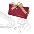 Set with Bow Ribbon Burgundy Packaging 9pcs Set White Color Constituted Shell Pearl Stretch Bracelet, Earrings and Necklace (20-22 Inches) in Stainless Steel - Sticky add to cart bar