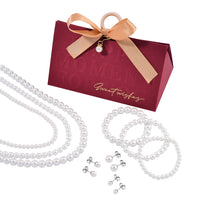 Set with Bow Ribbon Burgundy Packaging 9pcs Set White Color Constituted Shell Pearl Stretch Bracelet, Earrings and Necklace (20-22 Inches) in Stainless Steel