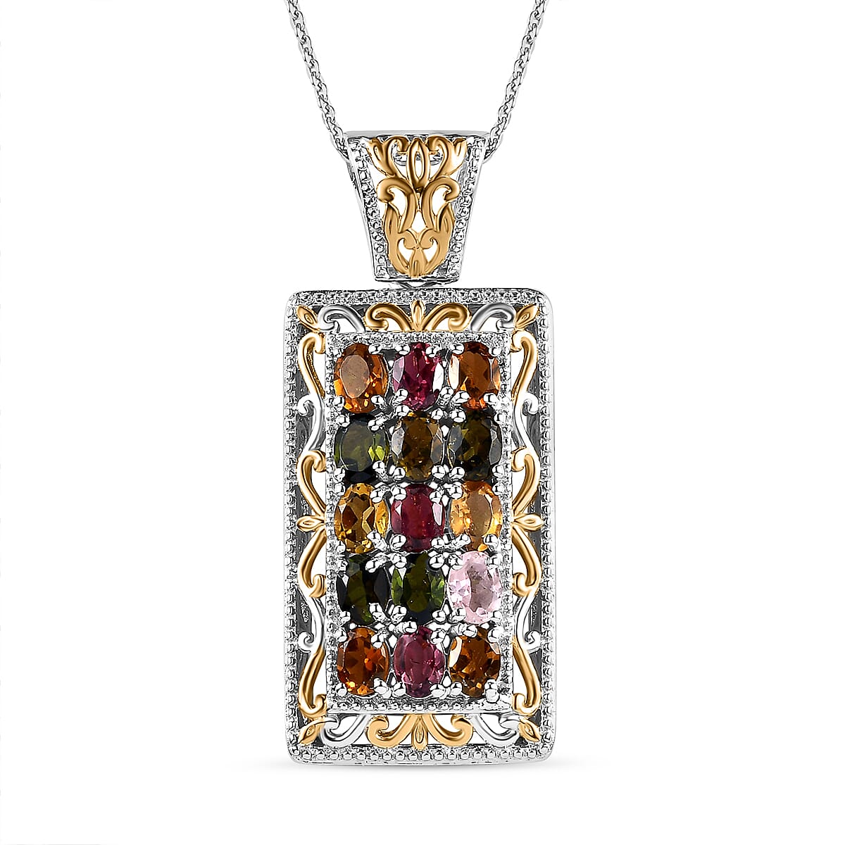 Multi-Tourmaline Cluster Pendant Necklace 20 Inches in Vermeil Yellow Gold and Platinum Over Sterling Silver 2.65 ctw