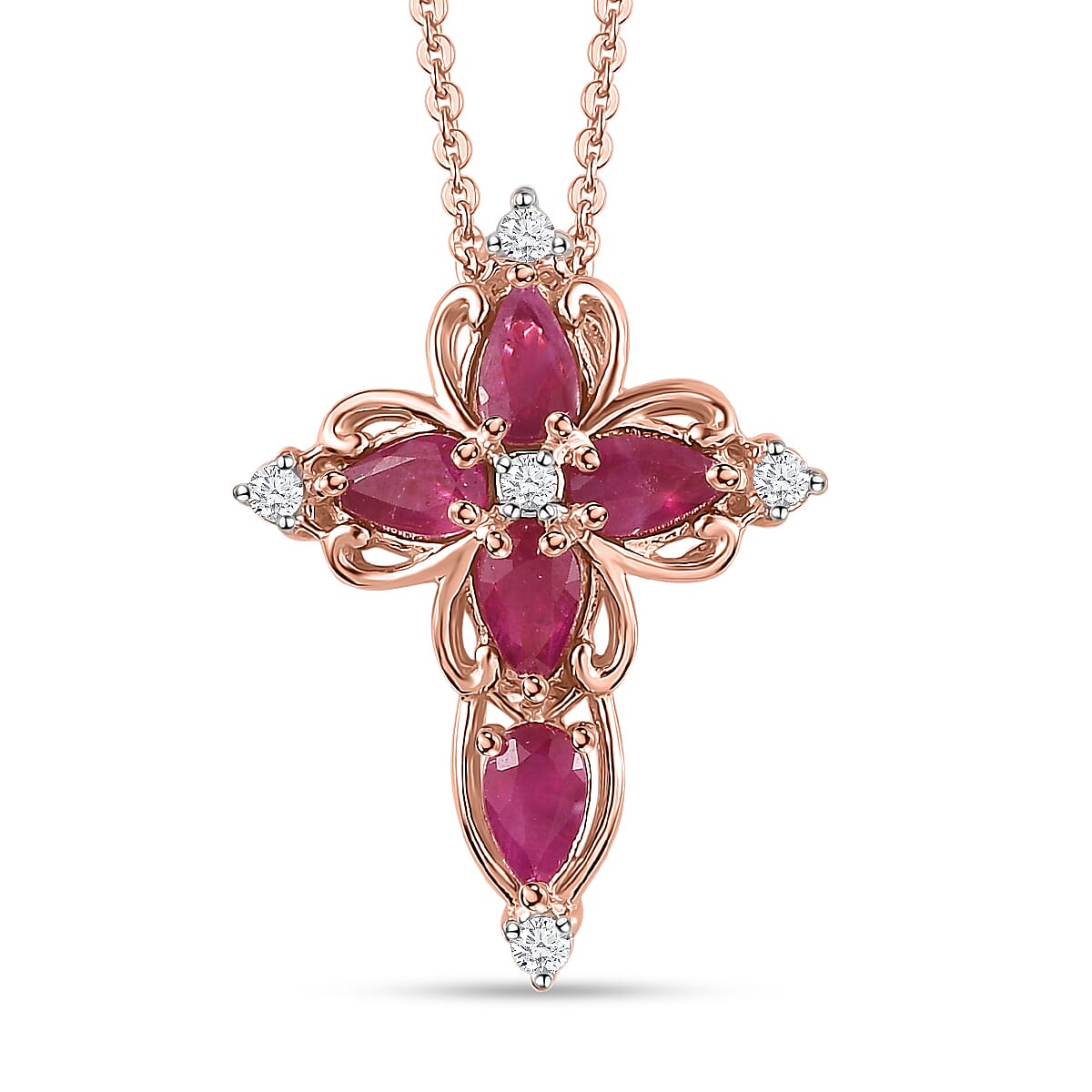 Premium Montepuez Ruby and White Zircon Cross Pendant Necklace 20 Inches in Vermeil Rose Gold Over Sterling Silver 1.25 ctw