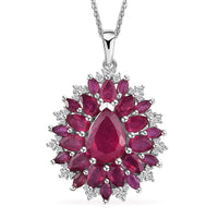 Niassa Ruby (FF) and White Zircon Floral Pendant Necklace 20 Inches in Platinum Over Sterling Silver 7.60 ctw