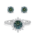 Blue Moissanite (Rnd 6.5mm), Moissanite Floral Ring (Size 5.0) and Stud Earrings in Platinum Over Sterling Silver 2.40 ctw - Sticky add to cart bar