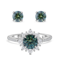 Blue Moissanite (Rnd 6.5mm), Moissanite Floral Ring (Size 5.0) and Stud Earrings in Platinum Over Sterling Silver 2.40 ctw