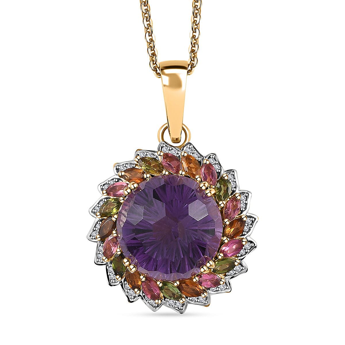 Starburst Cut African Amethyst, Multi-Tourmaline and White Zircon Pendant Necklace 18 Inches in Vermeil Yellow Gold Over Sterling Silver 15.60 ctw
