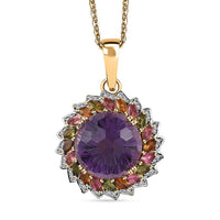 Starburst Cut African Amethyst, Multi-Tourmaline and White Zircon Pendant Necklace 18 Inches in Vermeil Yellow Gold Over Sterling Silver 15.60 ctw