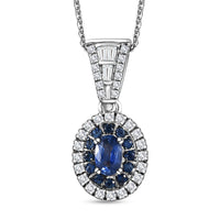 TLV Ceylon Blue Sapphire, Moissanite Halo Pendant Necklace (20 Inches) in Platinum Over Sterling Silver 1.35 ctw