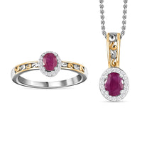 Premium Montepuez Ruby, White Zircon Halo Ring (Size 8.0) and Pendant Necklace (20 Inches) in Vermeil YG and Platinum Over Sterling Silver 1.10 ctw