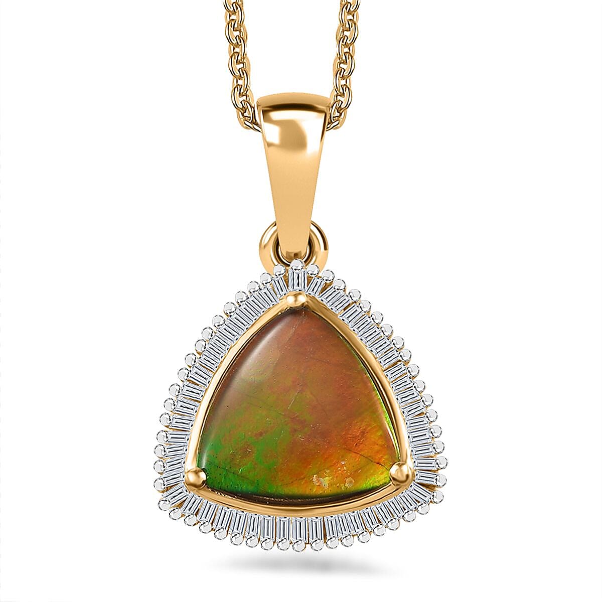 Canadian Ammolite and White Diamond Halo Pendant Necklace 20 Inches in Vermeil Yellow Gold Over Sterling Silver 3.75 ctw