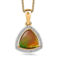 Canadian Ammolite and White Diamond Halo Pendant Necklace 20 Inches in Vermeil Yellow Gold Over Sterling Silver 3.75 ctw