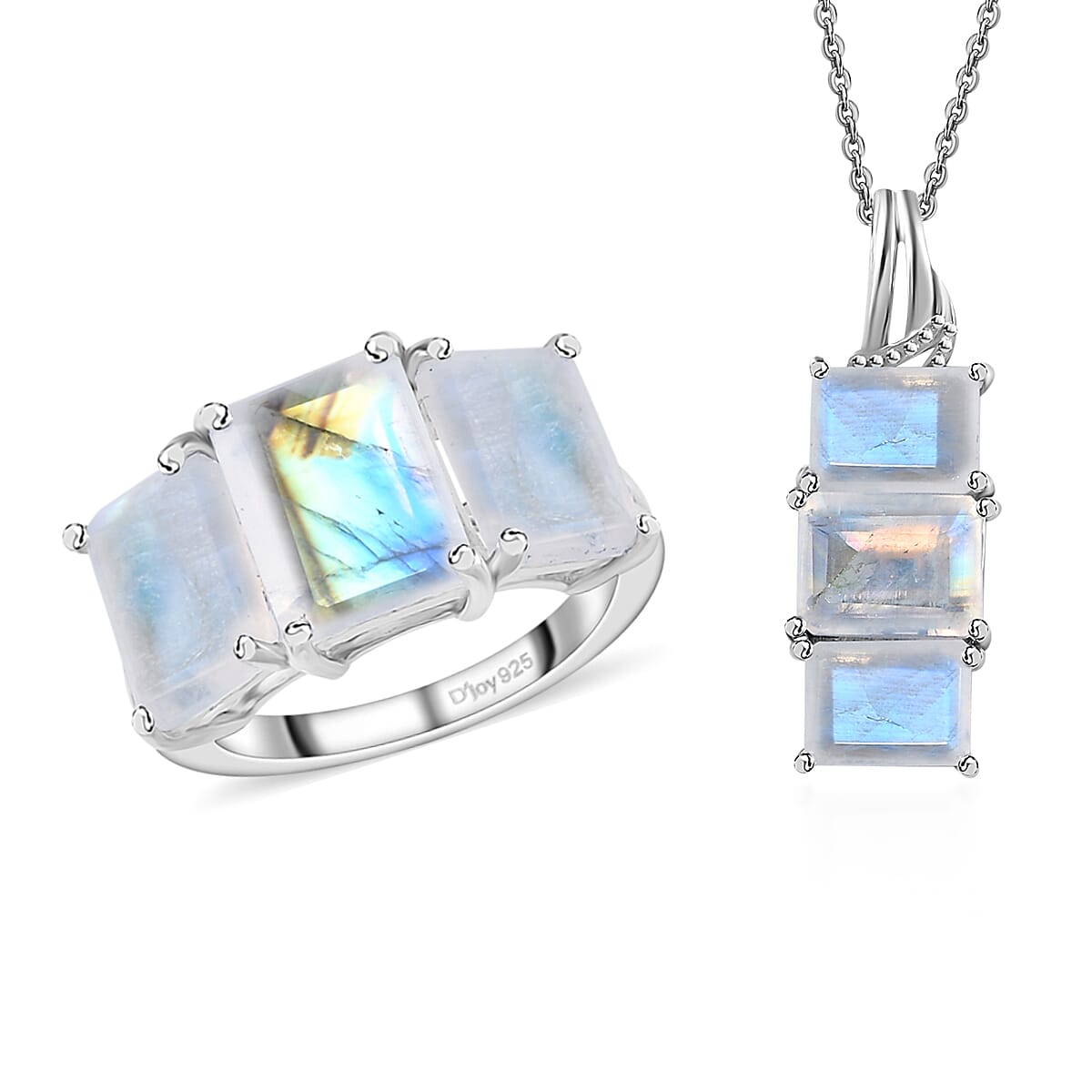 Premium Rainbow Moonstone 3 Stone Ring (Size 10.0) and Pendant Necklace 20 Inches in Platinum Over Sterling Silver 10.85 ctw