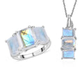 Premium Rainbow Moonstone 3 Stone Ring (Size 10.0) and Pendant Necklace 20 Inches in Platinum Over Sterling Silver 10.85 ctw - Sticky add to cart bar
