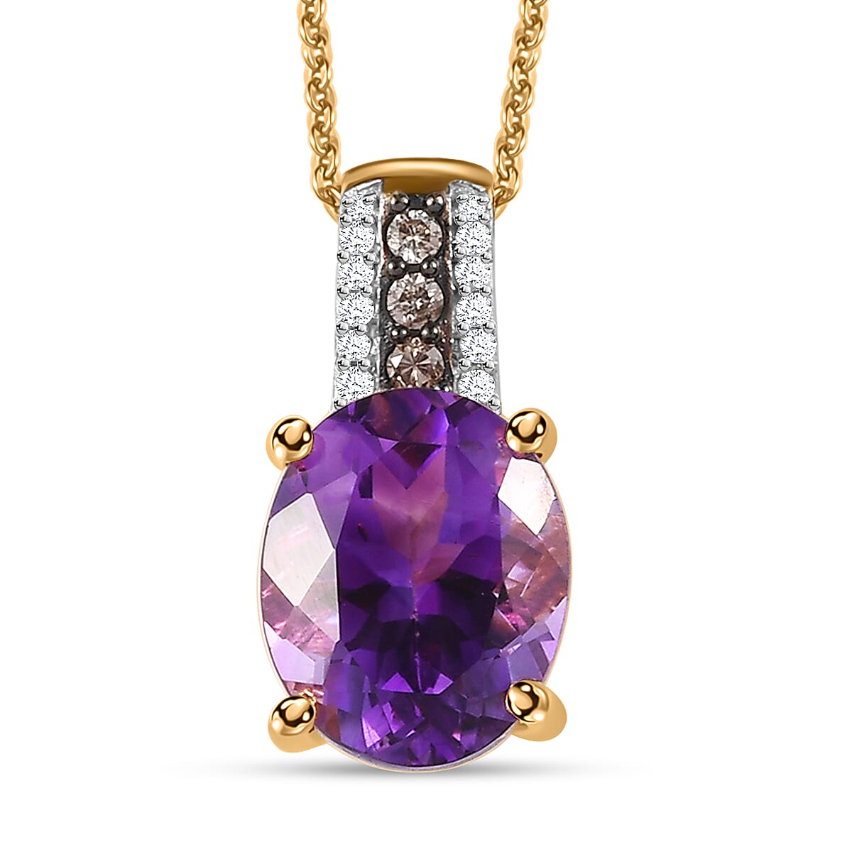 Moroccan Amethyst, Natural Champagne and White Diamond Pendant Necklace 20 Inches in Vermeil Yellow Gold Over Sterling Silver 3.50 ctw