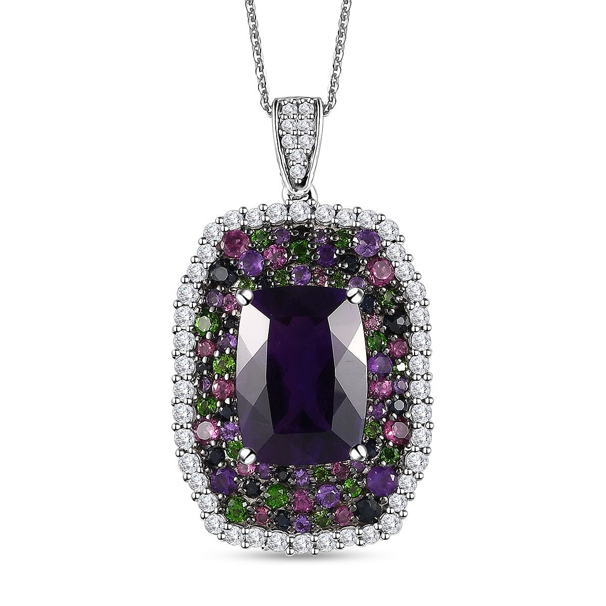 African Amethyst and Multi Gemstone 14.90 ctw Pendant Necklace in Platinum Over Sterling Silver 20 Inches