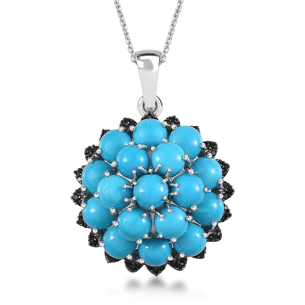 Premium Sleeping Beauty Turquoise and Thai Black Spinel Cluster Pendant Necklace 20 Inches in Platinum Over Sterling Silver 8.85 ctw