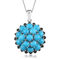 Premium Sleeping Beauty Turquoise and Thai Black Spinel Cluster Pendant Necklace 20 Inches in Platinum Over Sterling Silver 8.85 ctw