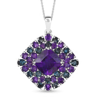 D'Joy African Amethyst and London Blue Topaz 21.25 ctw 4.40 ctw Double Halo Pendant Necklace in Platinum Over Sterling Silver 20 Inches