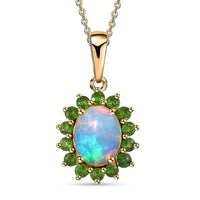 Bali Legacy Ethiopian Welo Opal and Chrome Diopside Sunburst Pendant Necklace 20 Inches in Vermeil Yellow Gold Over Sterling Silver 1.90 ctw