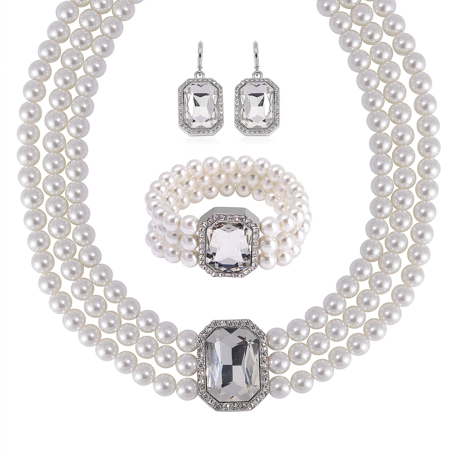 Simulated Quartz, Austrian Crystal and Simulated Pearl Beaded Choker Necklace 16-20 Inches, Stretch Bracelet and Earrings in Silvertone
