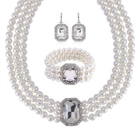 Simulated Quartz, Austrian Crystal and Simulated Pearl Beaded Choker Necklace 16-20 Inches, Stretch Bracelet and Earrings in Silvertone