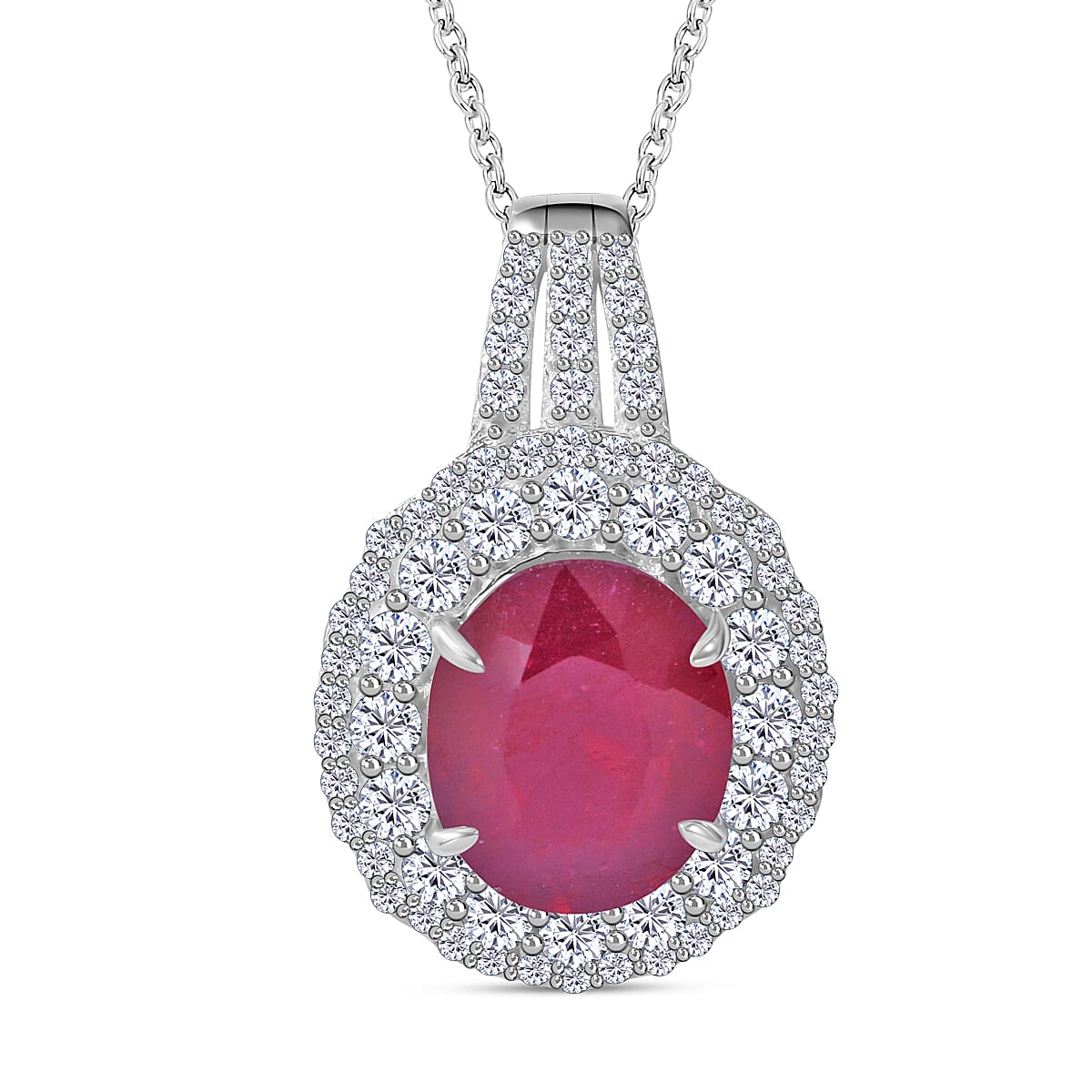 Niassa Ruby (FF), White Topaz Pendant Necklace (18 Inches) in Platinum Over Sterling Silver 9.25 ctw