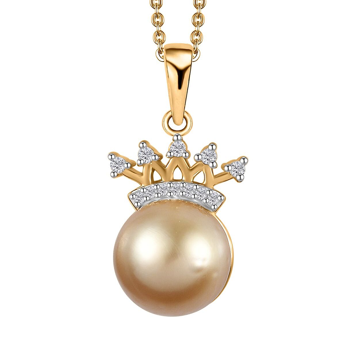South Sea Golden Pearl and Diamond Crown Pendant Necklace 20 Inches in Vermeil Yellow Gold Over Sterling Silver 0.09 ctw