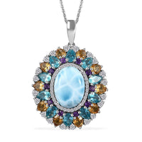 Larimar and Multi Gemstone 19.50 ctw Cocktail Pendant Necklace in Platinum Over Sterling Silver 20 Inches