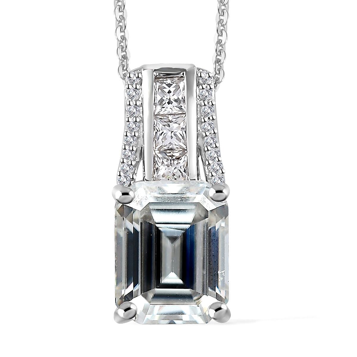 TLV Moissanite (Oct 10x8mm) Bridge Pendant Necklace (20 Inches) in Platinum Over Sterling Silver 4.00 ctw