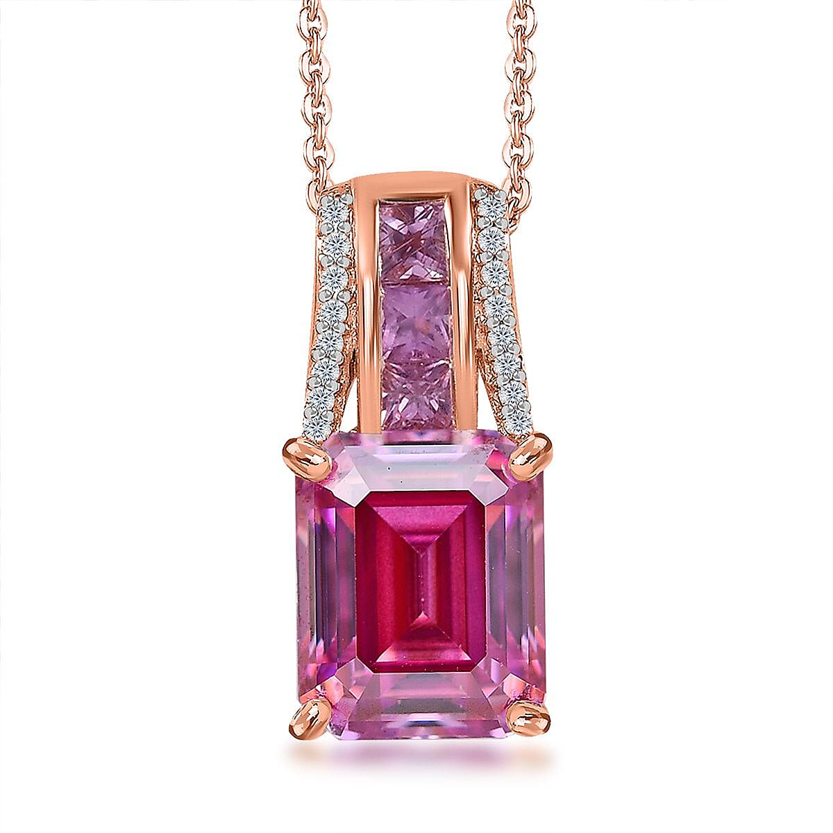 Pink Moissanite and Multi Gemstone Bridge Pendant Necklace 20 Inches in Vermeil Rose Gold Over Sterling Silver 4.30 ctw