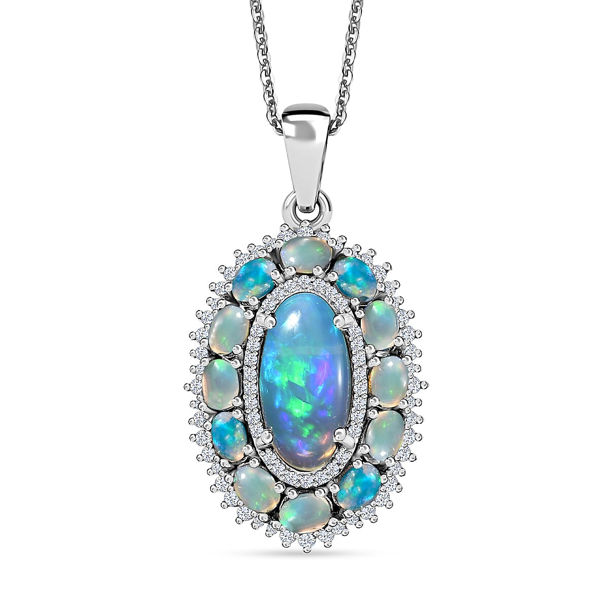 TLV Premium Ethiopian Welo Opal, White Zircon Pendant Necklace (20 Inches) in Platinum Over Sterling Silver 4.50 ctw
