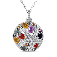 Rainbow Sapphire and White Zircon Star Fish Pendant Necklace 18 Inches in Platinum Over Sterling Silver 2.50 ctw