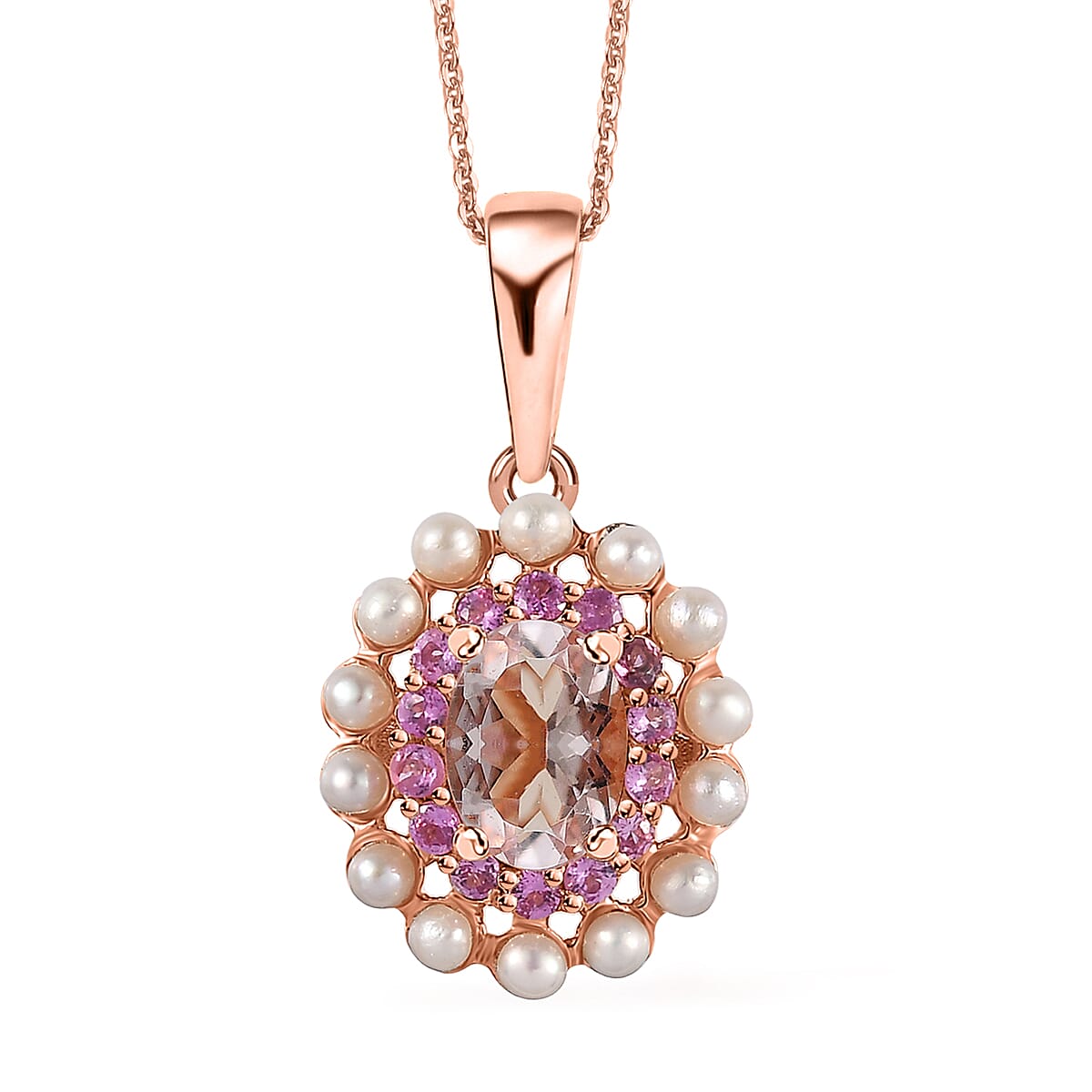 Premium Marropino Morganite, Multi Gemstone Floral Pendant Necklace (20 Inches) in Vermeil RG Over Sterling Silver