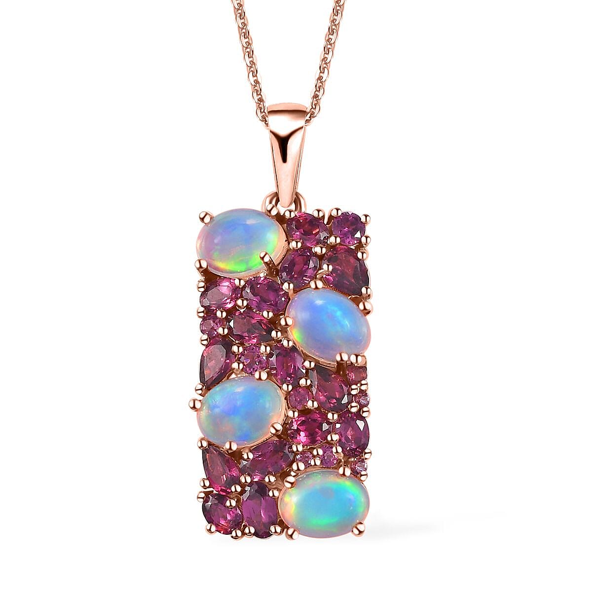 Ethiopian Welo Opal, Multi Gemstone Pendant Necklace (20 Inches) in Vermeil RG Over Sterling Silver