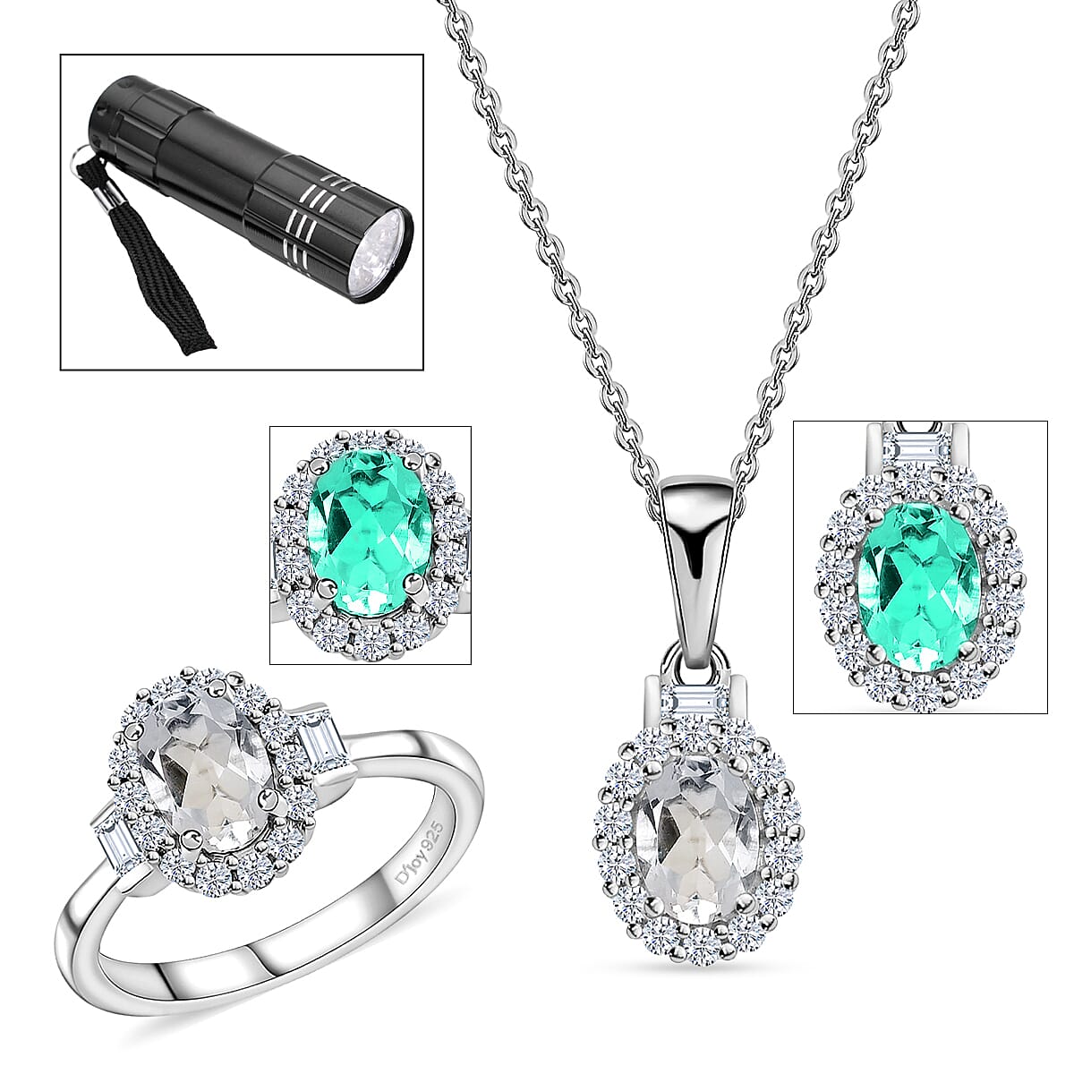 Mexican Hyalite Opal and White Zircon Halo Ring (Size 6.0) and Pendant Necklace 20 Inches in Platinum Over Sterling Silver 2.00 ctw