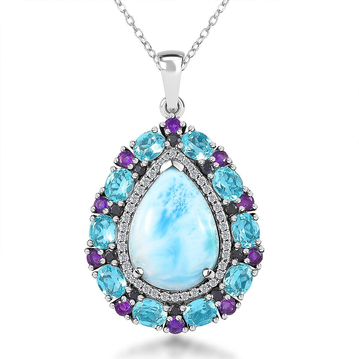 Larimar and Multi Gemstone 17.50 ctw Cocktail Pendant Necklace in Platinum Over Sterling Silver 20 Inches