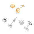 Set of 3 Rhodium and 14K YG Over Sterling Silver Heart, Knot and Ball Stud Earrings 2.20 Grams - Sticky add to cart bar