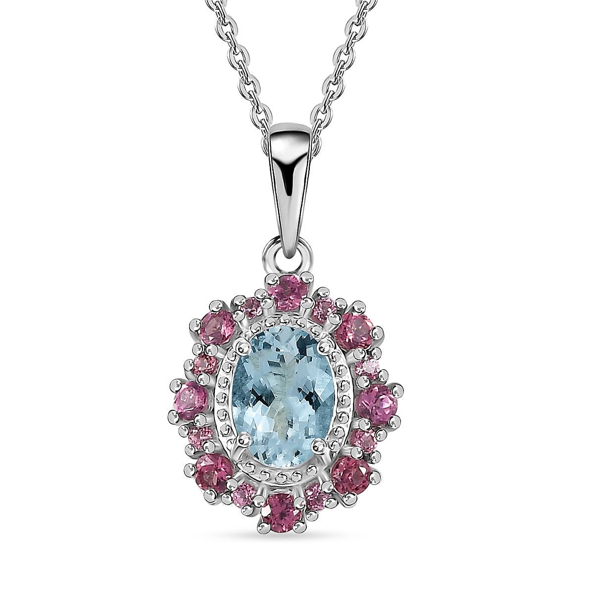 Premium Mangoro Aquamarine, Lotus Garnet Halo Pendant Necklace (20 Inches) in Platinum Over Sterling Silver