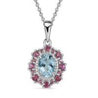 Premium Mangoro Aquamarine, Lotus Garnet Halo Pendant Necklace (20 Inches) in Platinum Over Sterling Silver